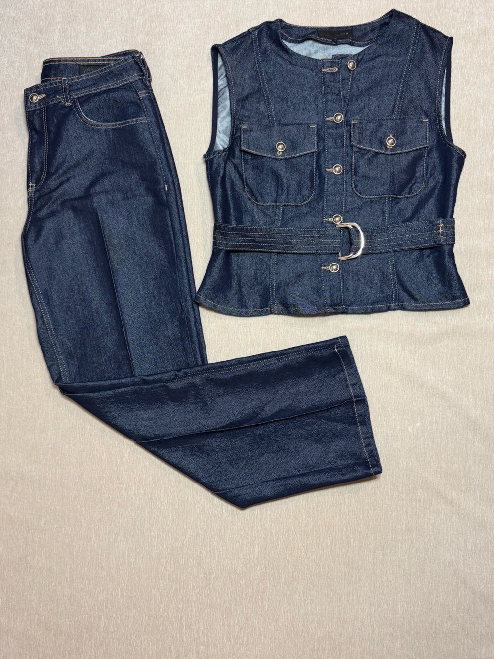 Zara Denim Set | Belted Top + Jeans - Picture 2 of 8